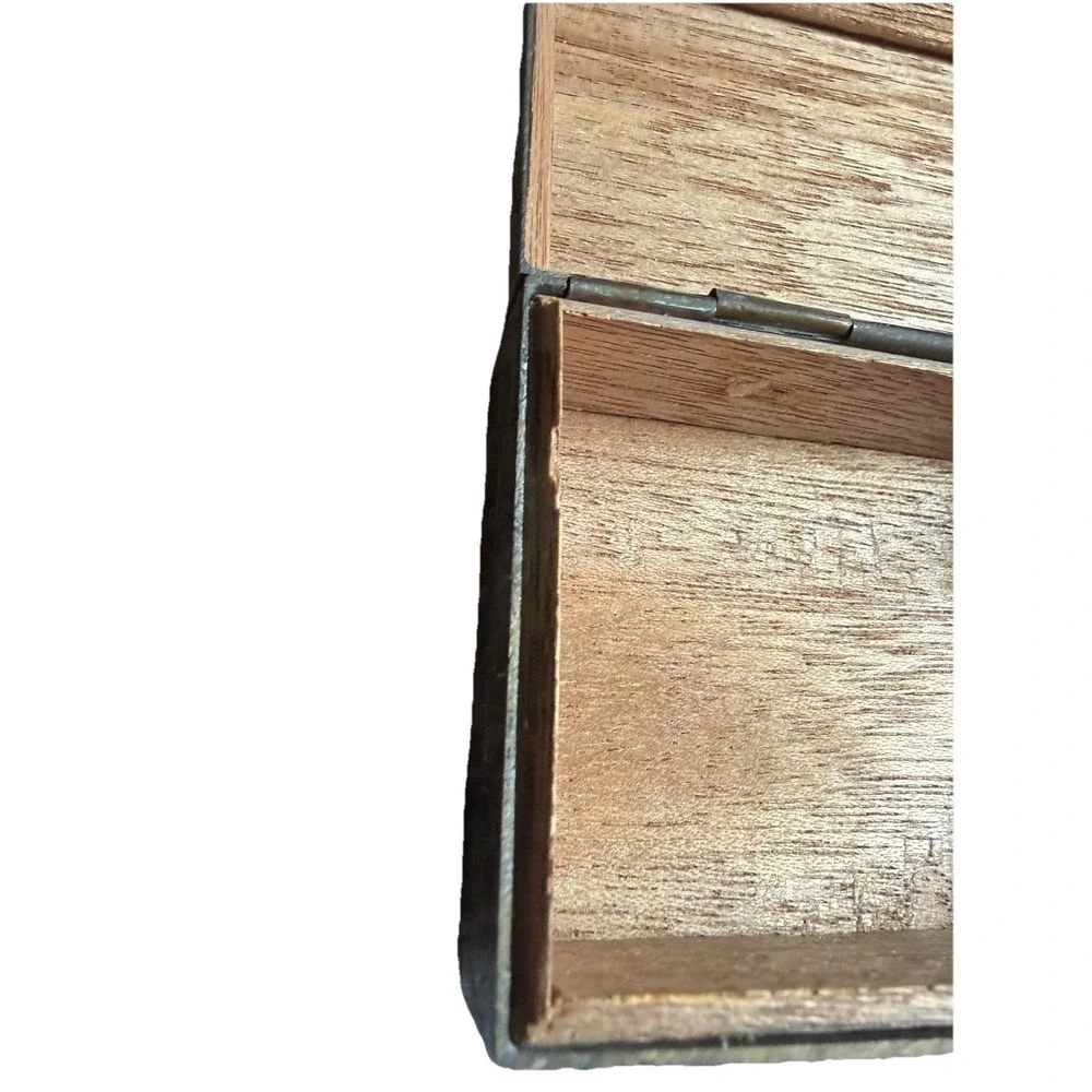 Brass Trinket Box Wood Lined in metal decorative Chinese writing 3.25